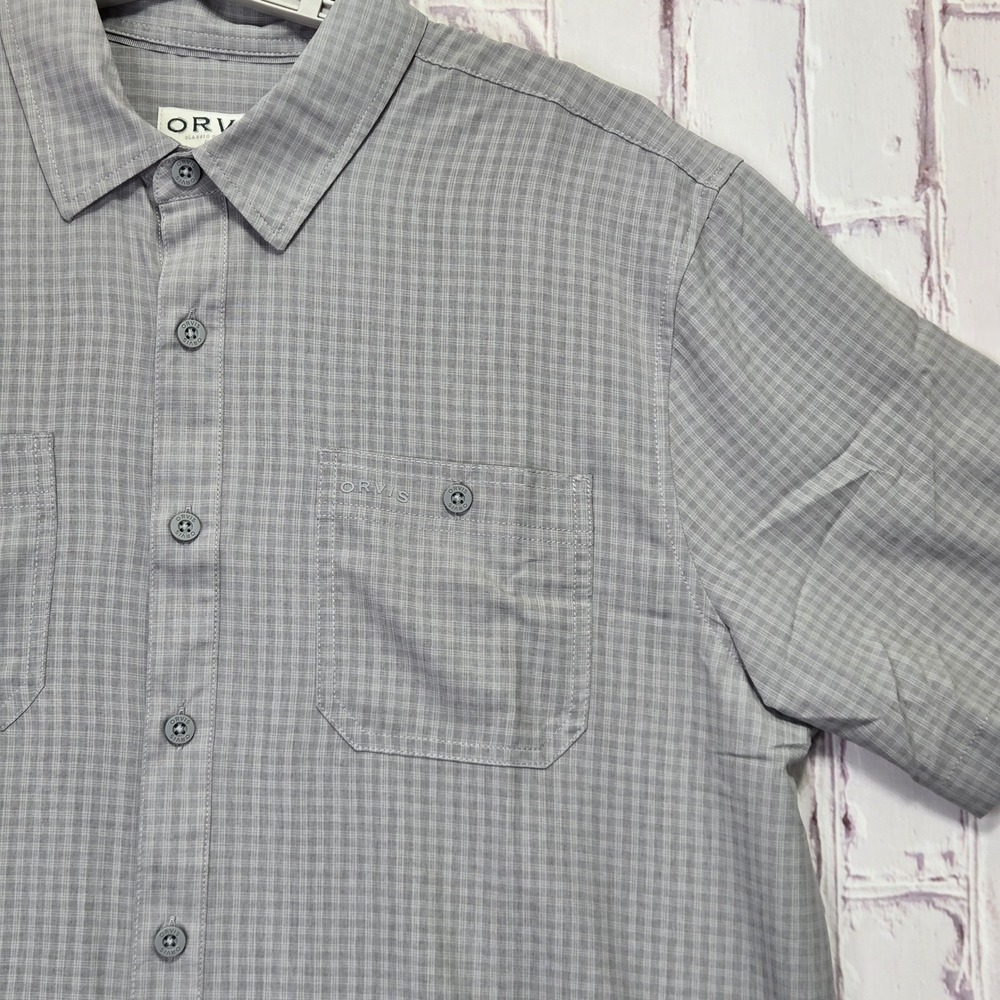 Orvis Shirt Grey Plaid Short Sleeve Hiking Outdoor Button Down Mens Large